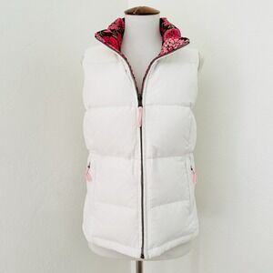 Lilly Pulitzer Down Puffer Vest Womens XS Reversible White Pink Floral Zip Front